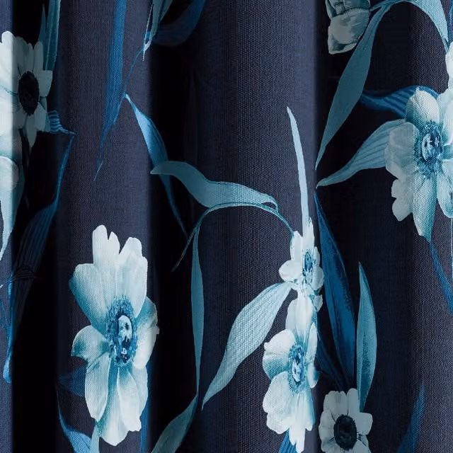 Ted Baker Cabana Floral Cotton Lined Eyelet Curtains in Blue and Silver, W: 228.6 cm, D: 228.6 cm