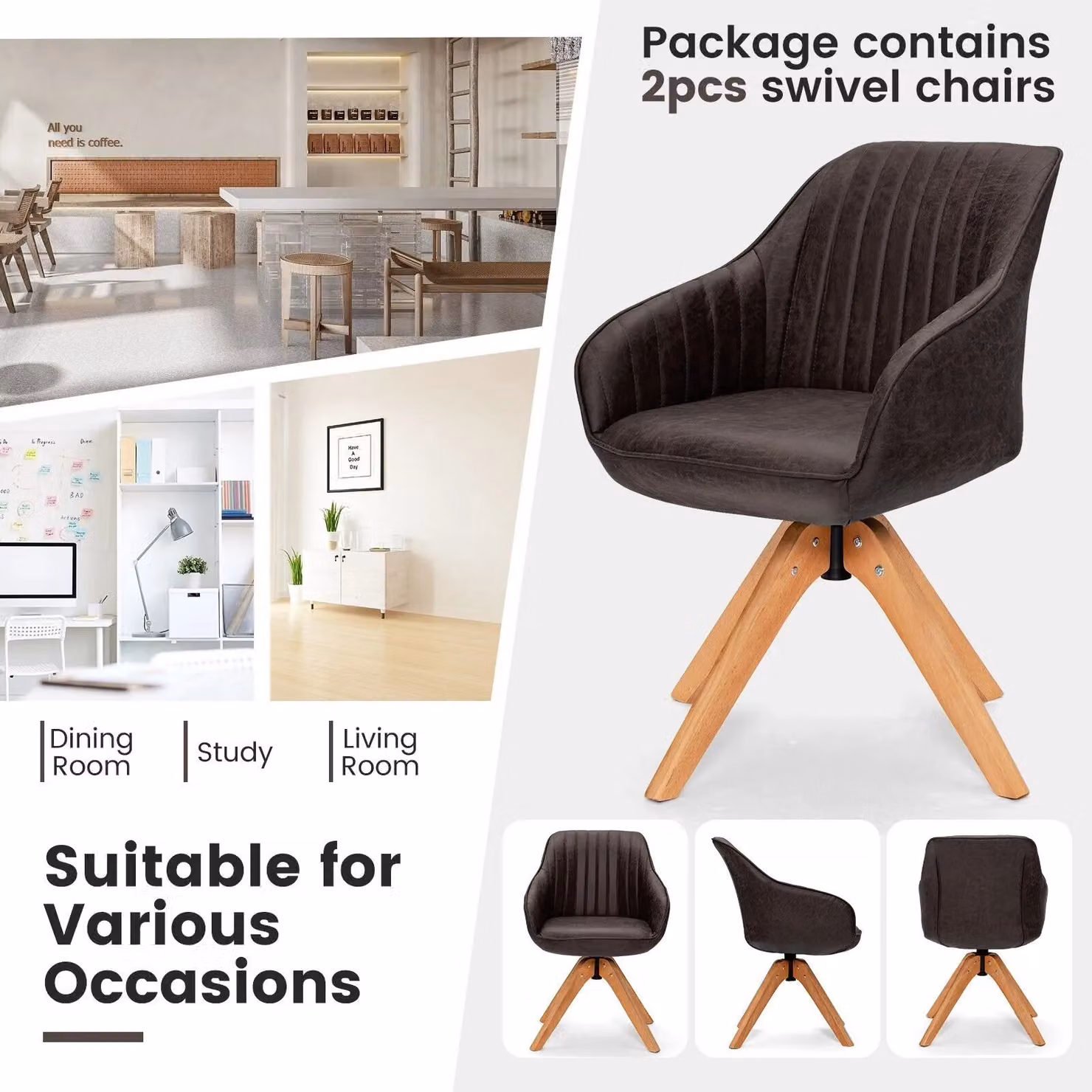 Costway Set of 2 Brown Synthetic Leather Swivel Accent Armchairs with Armrests – 3
