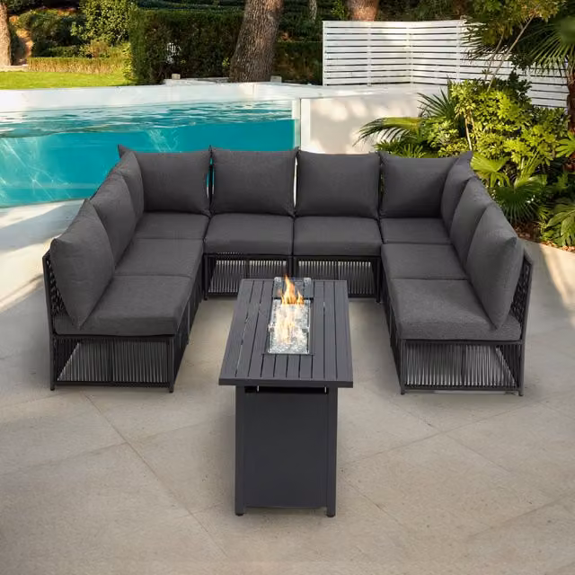 GRS Remi Modular Rope Style Garden Set in Black and Grey with Sofa, Coffee Table and Dining Table