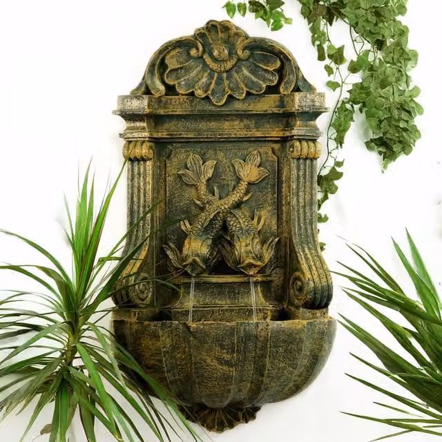 Primrose Koi Wall Fountain in Green with Antique Verdigris Effect