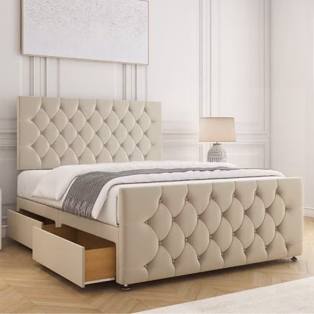 BSSPOKE Maya Plush Velvet Small Double Divan Bed with 24 inch Headboard, 2 Drawers on Same Side and Mattress in Cream