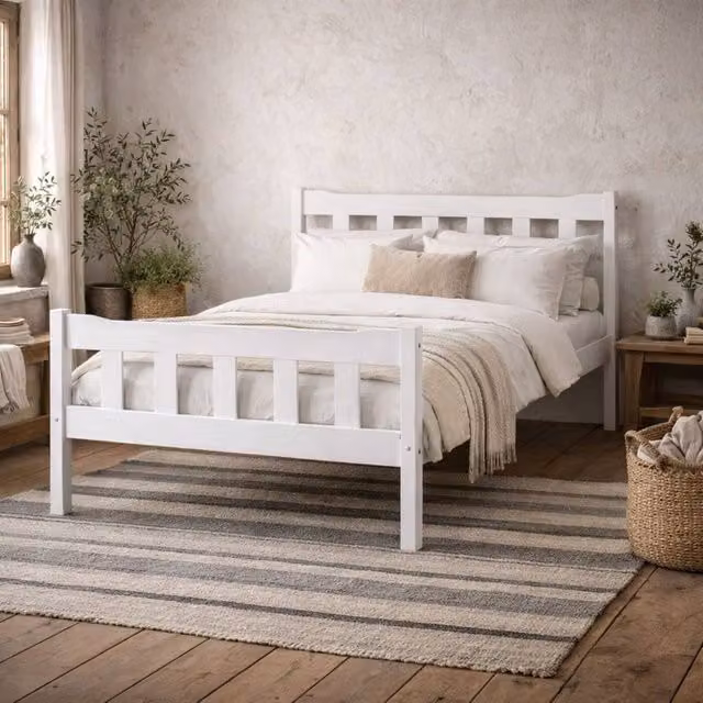 Wyld Haus Tralee Double Bed in White Washed Pine with Slatted Headboard, W/D/H: 140 x 200 cm