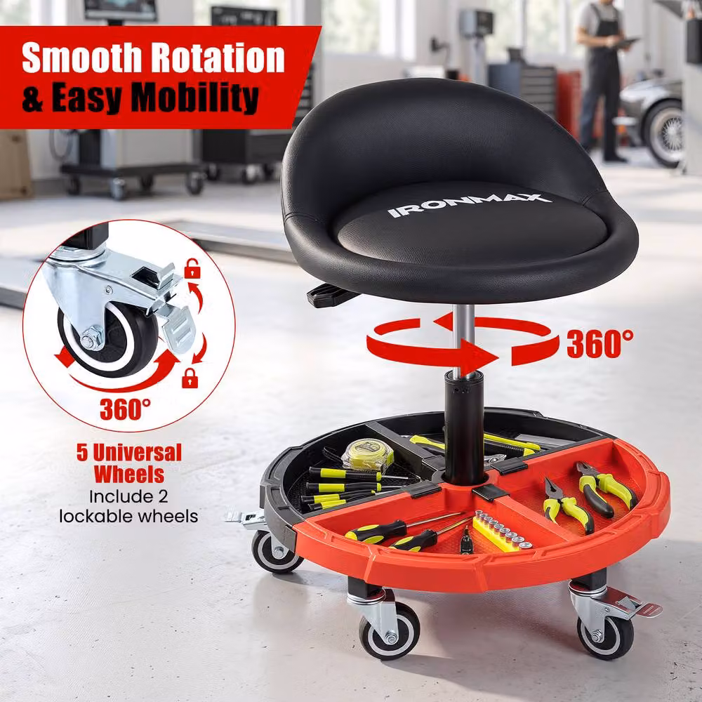 Gymax 360 Degree Rolling Mechanic Stool with Tool Storage Tray in Red – 7