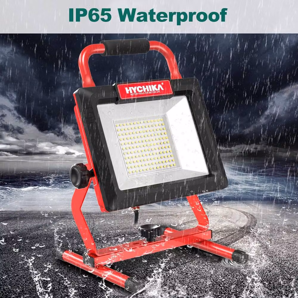 HYCHIKA 100W LED Work Light with Adjustable Foldable Stand, 3000LM, 6500K Cool White, IP65 Waterproof Black Floodlight – 3
