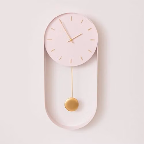 Melody Maison Pink and Gold Pendulum Metal Analogue Wall Clock, W/H: 20 x 55 cm