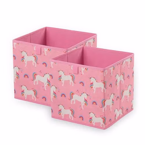OHS Pack of 2 Foldable Fabric Storage Boxes for Children with Unicorn Print, Pink