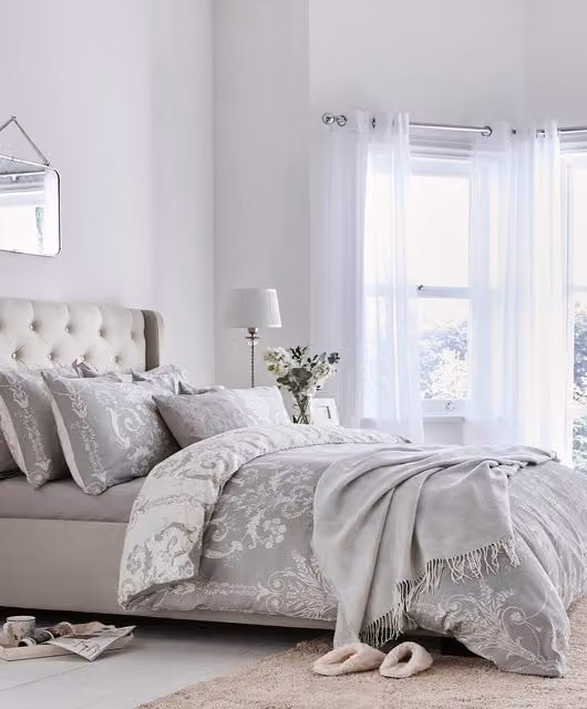 Laura Ashley Josette Reversible Floral Cotton Duvet Cover and Pillowcase Set in Grey