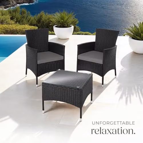 tectake Lucerne Rattan Garden Furniture Set in Black with Beige and Grey Cushions – 8
