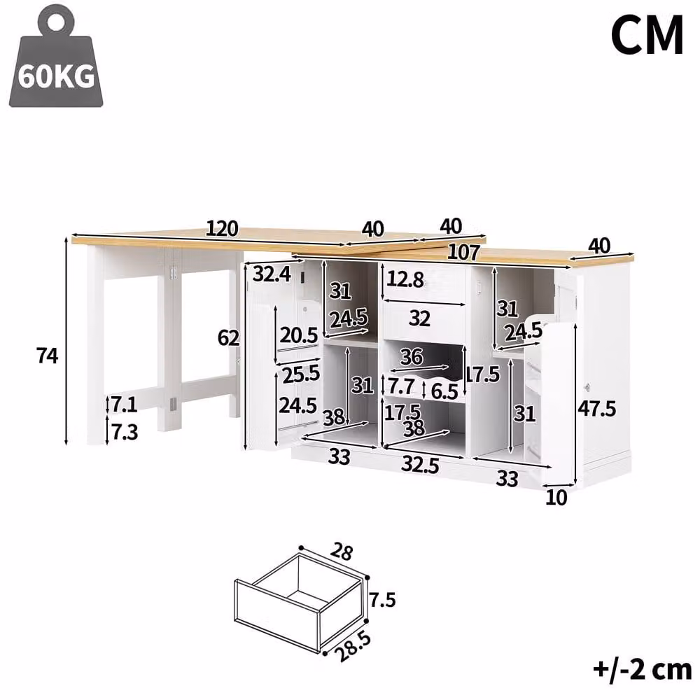 Merax Extendable Kitchen Island Sideboard with Dining Table and Wine Rack, White – 3
