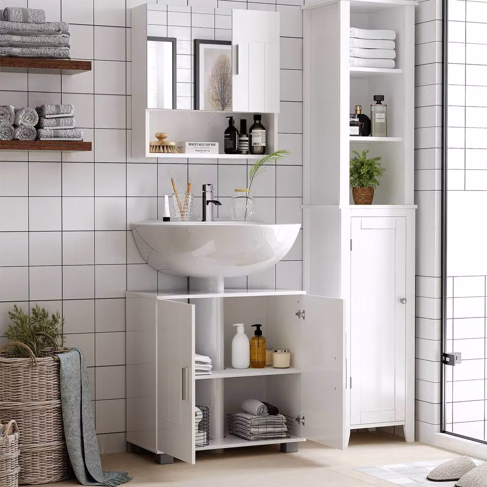 STILVORA White Wall Mounted Bathroom Mirror Cabinet with Soft Close Hinged Glass Doors and Internal Shelves – 2