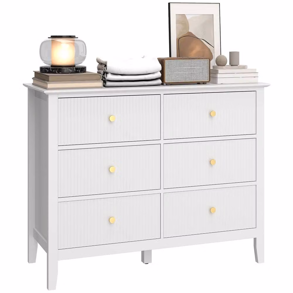 HOMCOM Fluted 6 Drawer Chest of Drawers and Dresser in White and Gold – 2