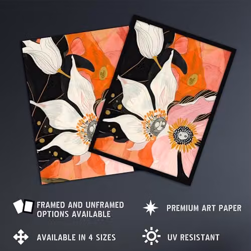 Artery8 Abstract Pink and Orange Floral Boho Framed Wall Art Print, W: 21.0 x H: 29.7 cm – 2