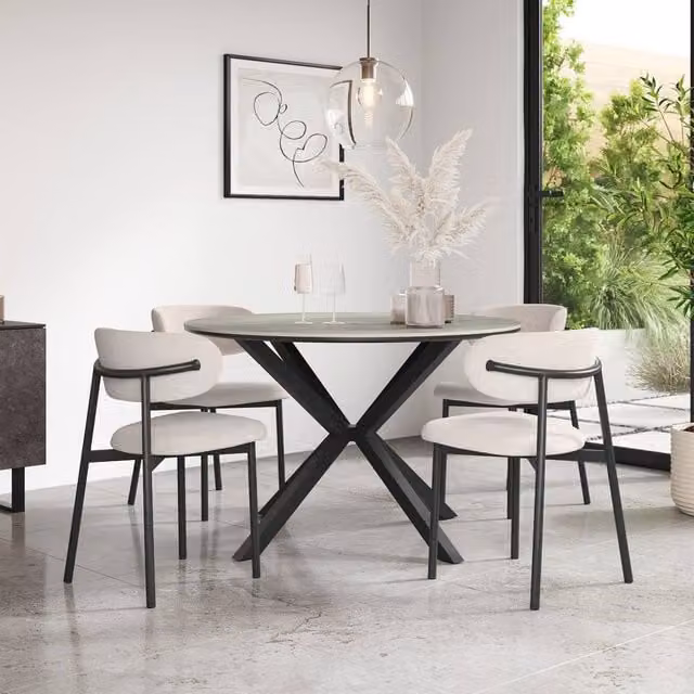 More4Homes Calne Round Ceramic Dining Table in Light Grey with 4 Myla Linen Chairs in Beige, Diameter: 120 cm, Height: 75 cm – 1