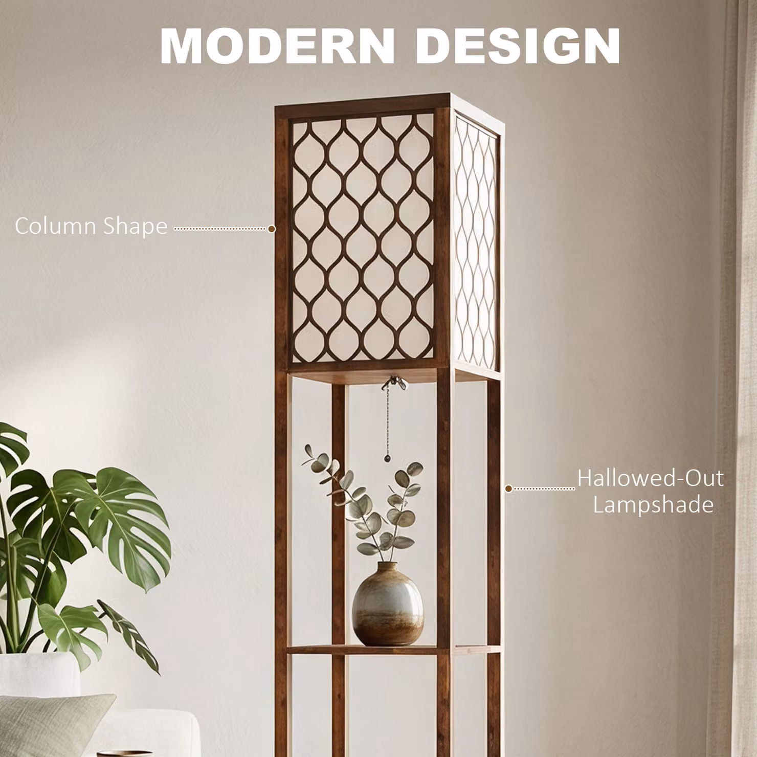 HOMCOM Modern Tall Floor Lamp with Shelves and Fabric Lampshades in Rustic Brown – 5