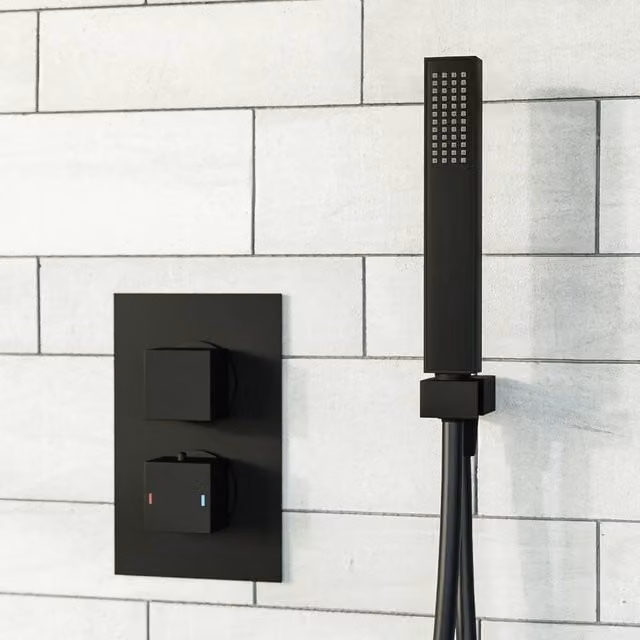 Nes Home Matte Black Concealed Thermostatic Square Shower Mixer with Handset – 1
