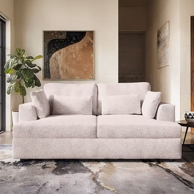 SolaceCo Drew 2 Seater Chenille Sofa in Beige and White with Scatter Cushions