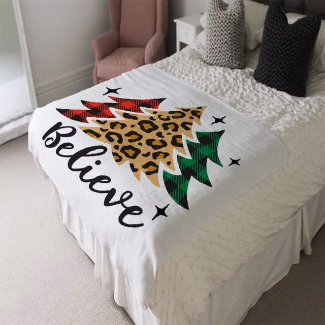 Benjamin Tate Design LTD Fluffy Christmas Trees Leopard Print Soft Blanket in Brown and White
