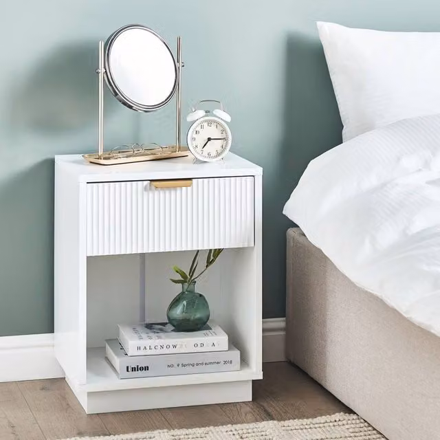 Wyld and Coco White Painted MDF Bedside Table with Fluted Front, 1 Soft Close Drawer and Gold Handle
