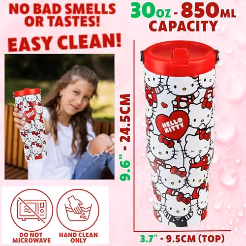 Get Trend Hello Kitty Sanrio Insulated Metal Travel Tumbler with Flip Up Straw and Handle, Multicolour, 850ml – 5