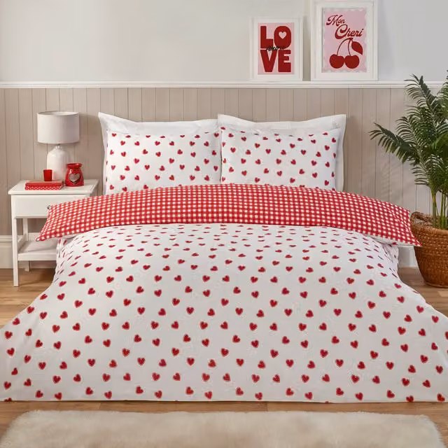 Divante Love Hearts Reversible Checked Duvet Set, Red and White, W: 140 cm x L: 200 cm