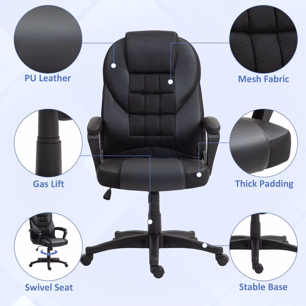 STILVORA Black Faux Leather Swivel Office Chair with Armrests and Castors – 5