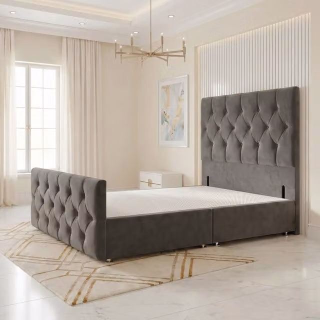 Somnior Beds Ltd Chesterfield Velvet Divan Bed Base with Drawers and Headboard in Grey, W/D/H: 120 x 200 cm