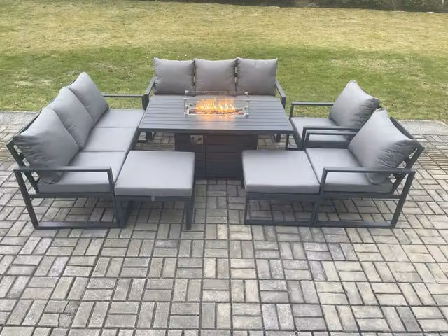 Fimous Aluminium Outdoor Garden Furniture Set with Gas Fire Pit Dining Table and 2 Footstools in Dark Grey