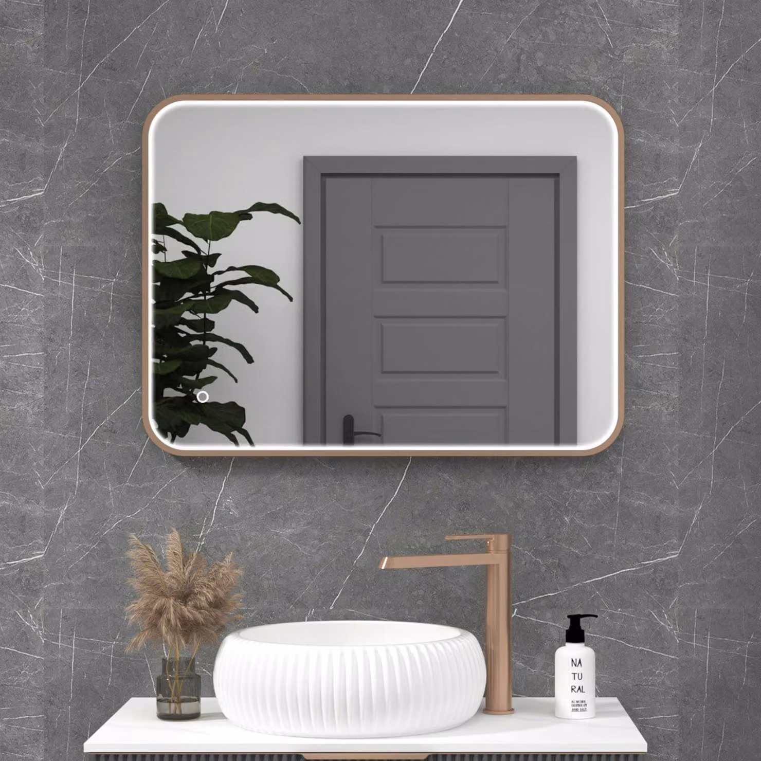 Royal Bathrooms Luxor Rectangular Illuminated LED Mirror with Brushed Bronze Frame, Touch Sensor and Demister Pad, W: 60 cm, H: 80 cm