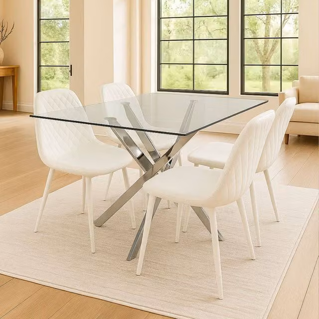KOSY KOALA Modern Rectangular Glass Dining Table Set with 4 White Chairs, W/D/H: 140 x 70 x 75 cm