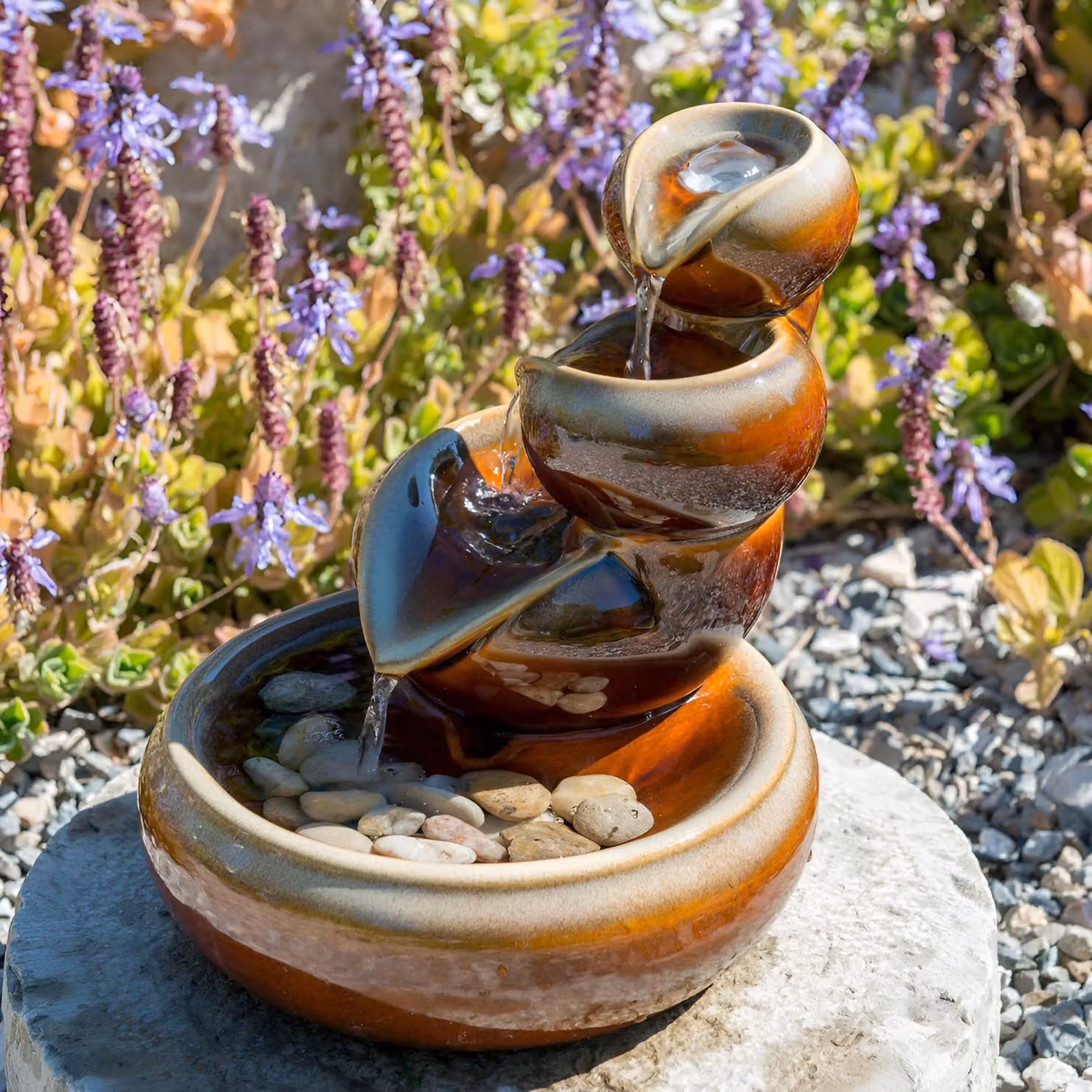 Primrose Solar Ceramic 3 Tier Cascade Oil Jar Water Feature in Brown, Diameter: 25 cm – 2