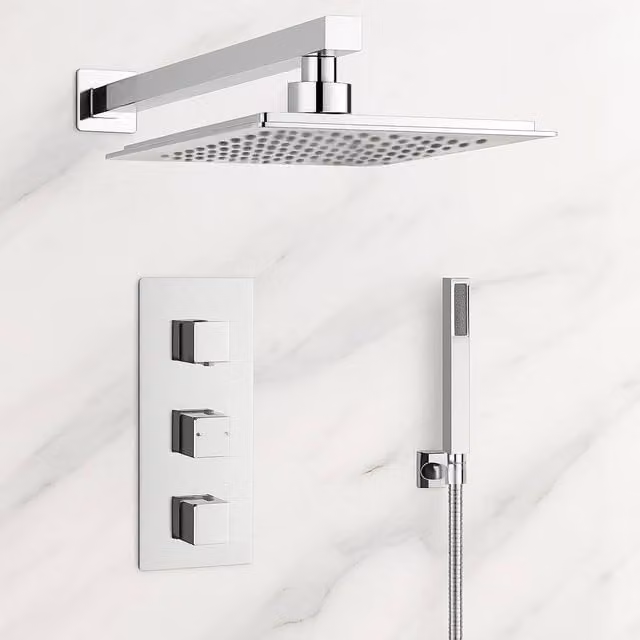Bathroom Kingdom Avon Chrome Square Thermostatic Shower Set with 250mm Overhead Shower and Hand Shower in Silver