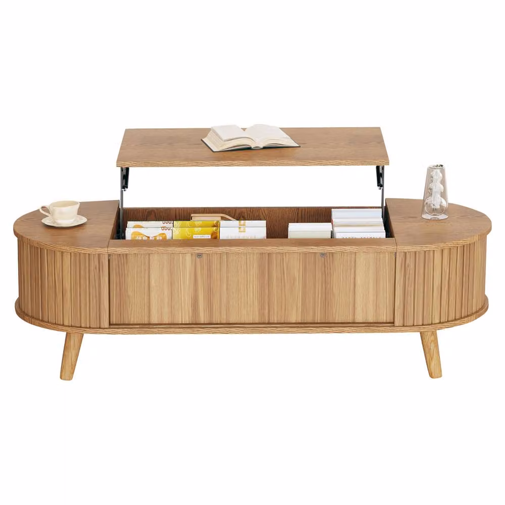 Rolipo Oval Lift Top Coffee Table with Hidden Storage in Brown Natural Wood – 4