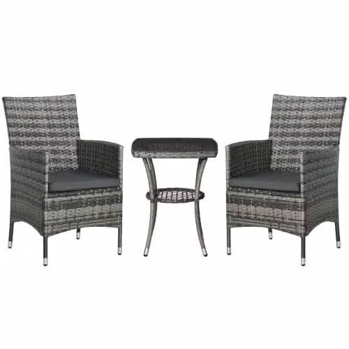 Outsunny 3 Piece Rattan Bistro Set with Glass Top Table and Chairs in Anthracite Grey – 1