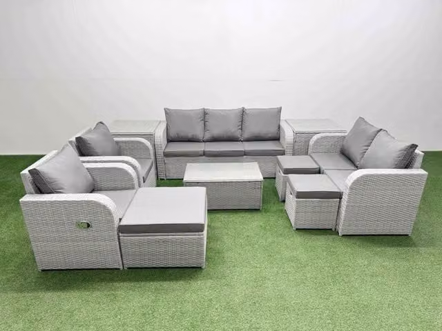 Fimous Grey PE Rattan Garden Furniture Set with 2 Seater Sofa, Oblong Coffee Table, 3 Stools and 2 Side Tables