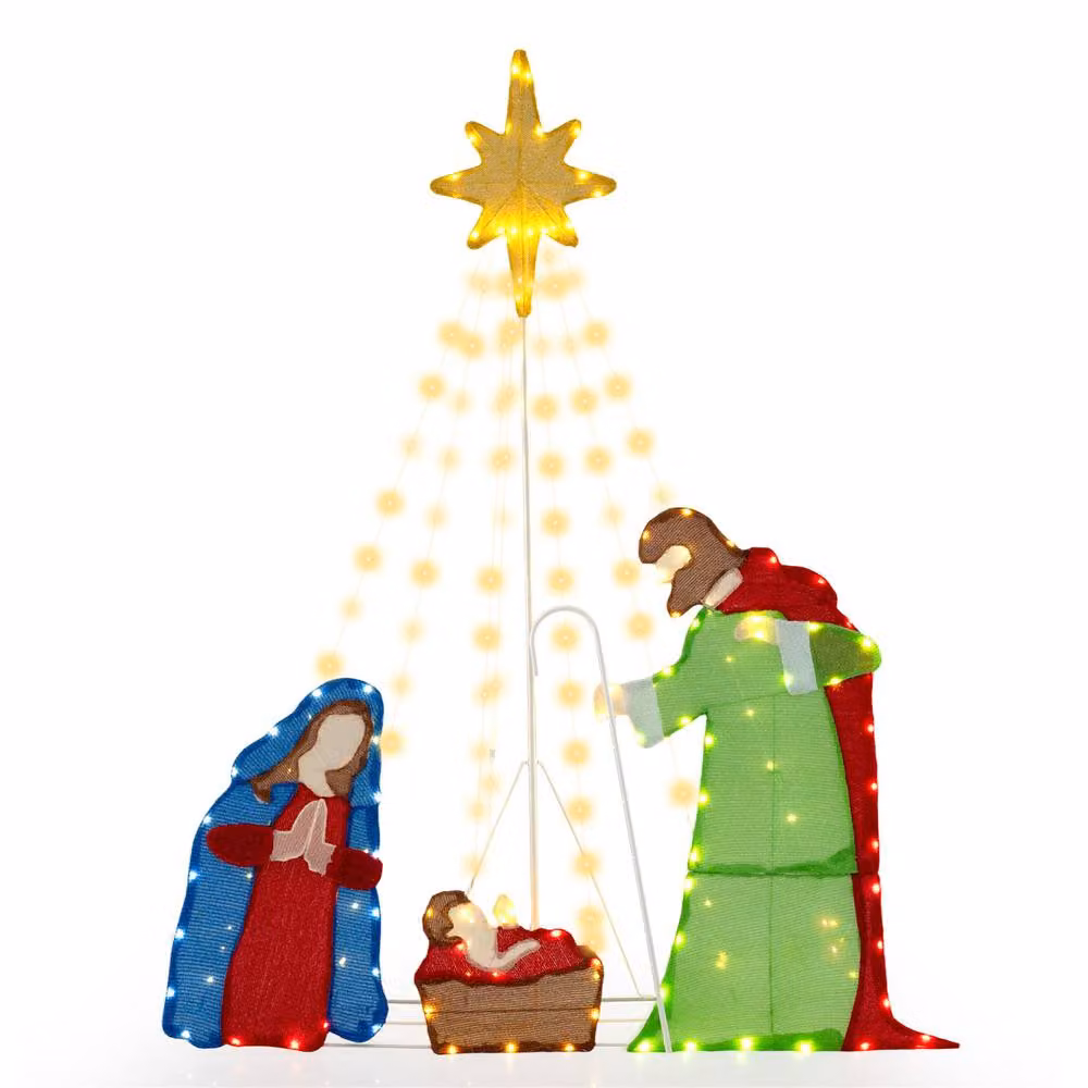 Costway Pre-lit Holy Family Nativity Scene Christmas Decoration in White and Multicolour – 2
