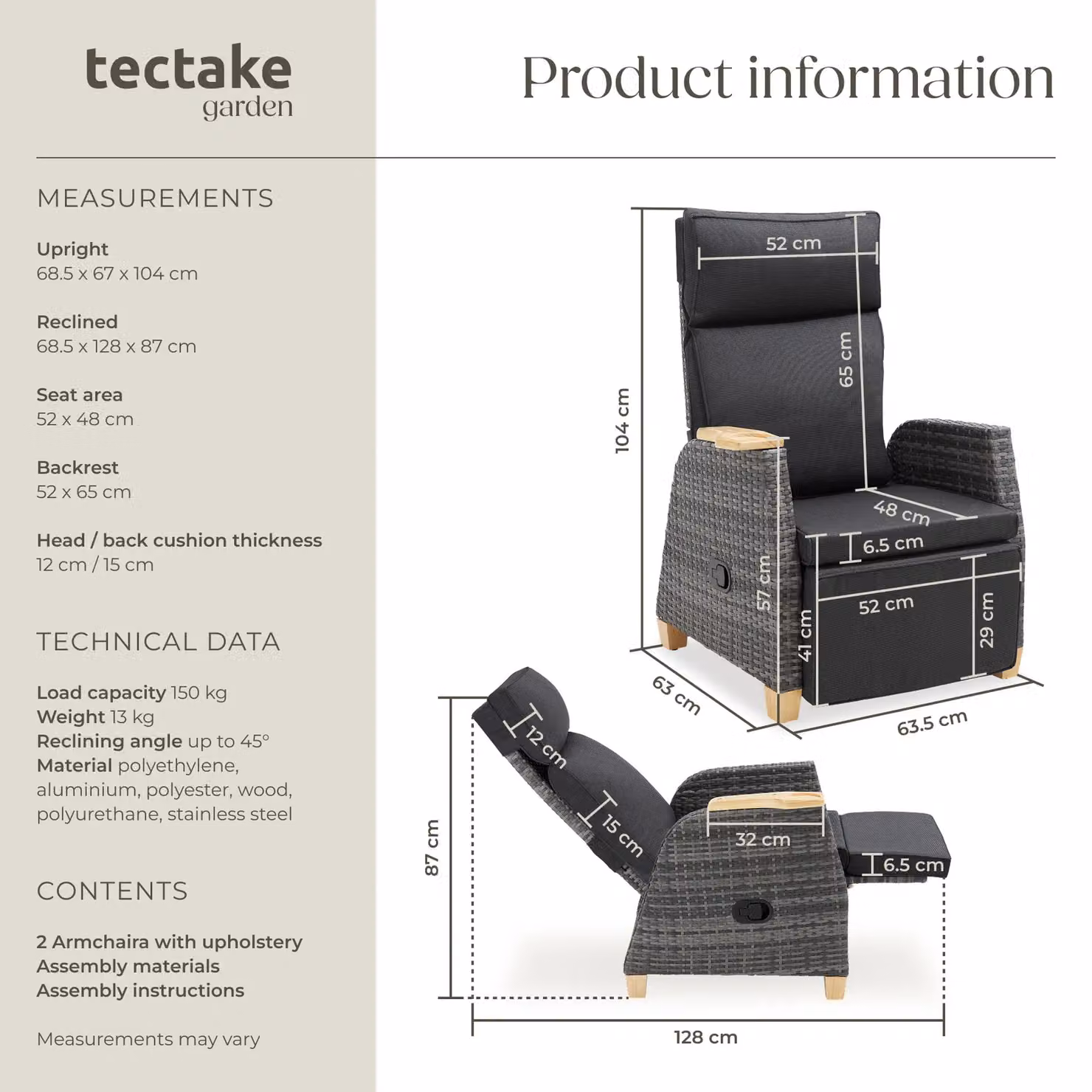 tectake Pescara 2 Seater Rattan Armchair with Aluminium Frame in Grey – 6