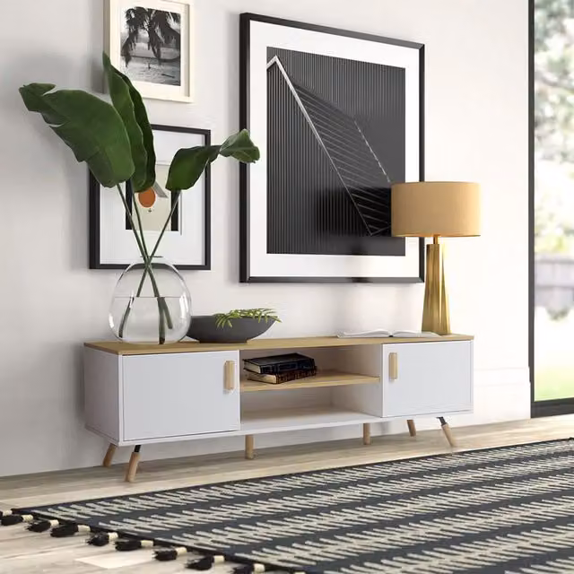 Livingandhome Scandinavian White Wood TV Stand with Open Shelf and Cabinet