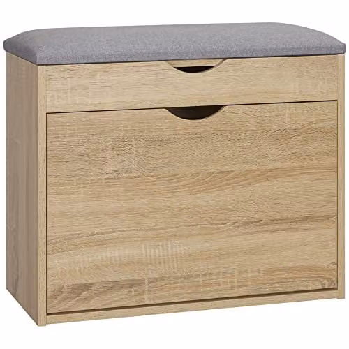 HOMCOM Upholstered Shoe Storage Bench with Flip-up Cabinet and Hidden Space in Sand – 1