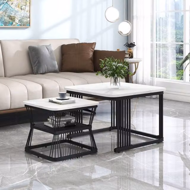 Merax Set of 2 Square Nesting Coffee Tables with White Marble Effect MDF Tops and Metal Frames