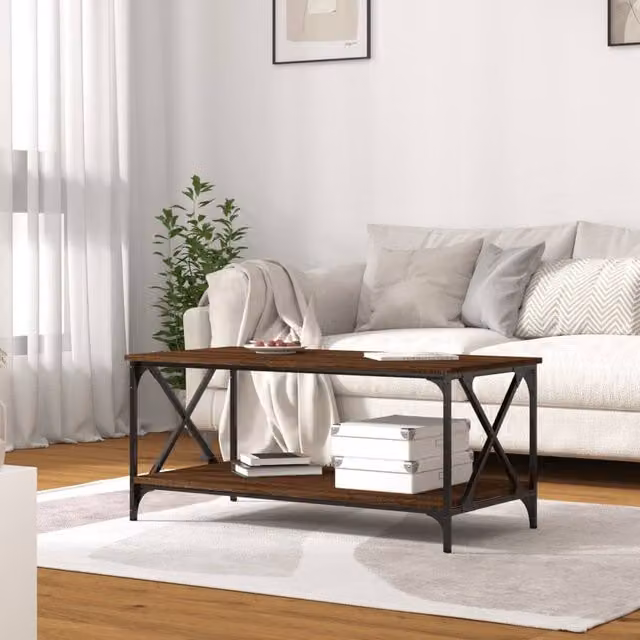 Berkfield Home Classic Rectangular Coffee Table in Brown Oak with Metal X-Frame, W: 100 cm, D: 50 cm, H: 45 cm – 1