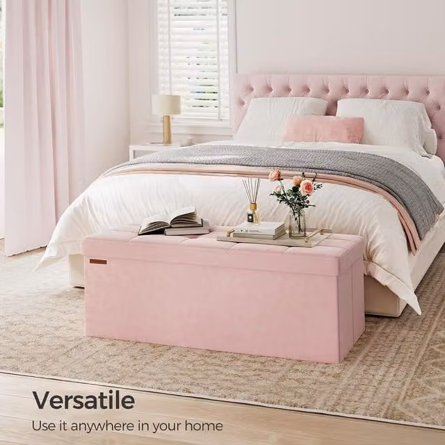 SONGMICS Foldable Small Storage Ottoman Foot Rest in Jelly Pink Velvet Fabric
