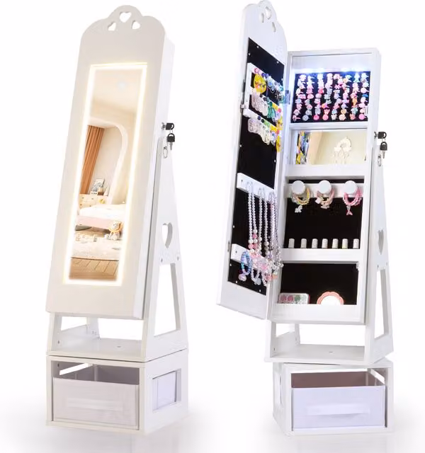 Costway Modern White Wooden Childrens Jewellery Cabinet with LED Lighting and Mirror