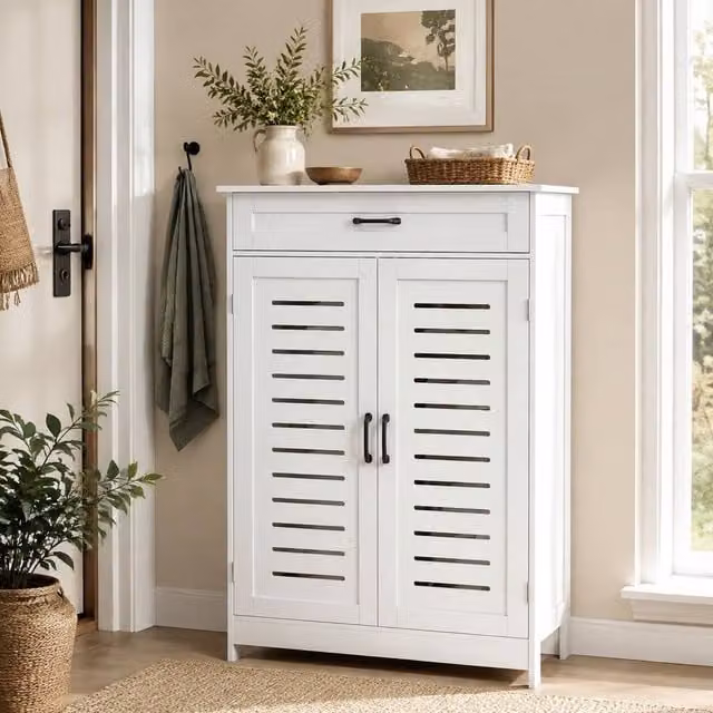 STILVORA Modern White Shoe Cabinet with Drawer and Hinged Doors, W/D/H: 78.0 x 37.0 x 115.8 cm