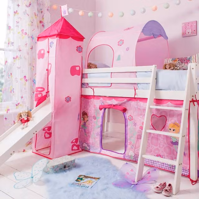 Nöa and Nani Moro Cabin Midsleeper Bed with Slide and Fairies Package in White and Pink, Solid Pine, Single Size (90 x 190 cm)