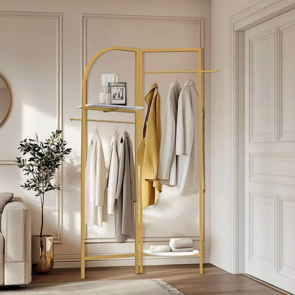 KORVIXA Freestanding Corner Clothing Rack in Matt Gold with Dual Hook and Rail Matrix – 4
