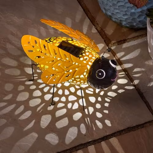 mysmartbuy Solar Powered Silhouette Buzzy Bee Metal Garden Ornament with LED Light, Yellow, H: 16 cm, W: 26 cm, D: 23 cm