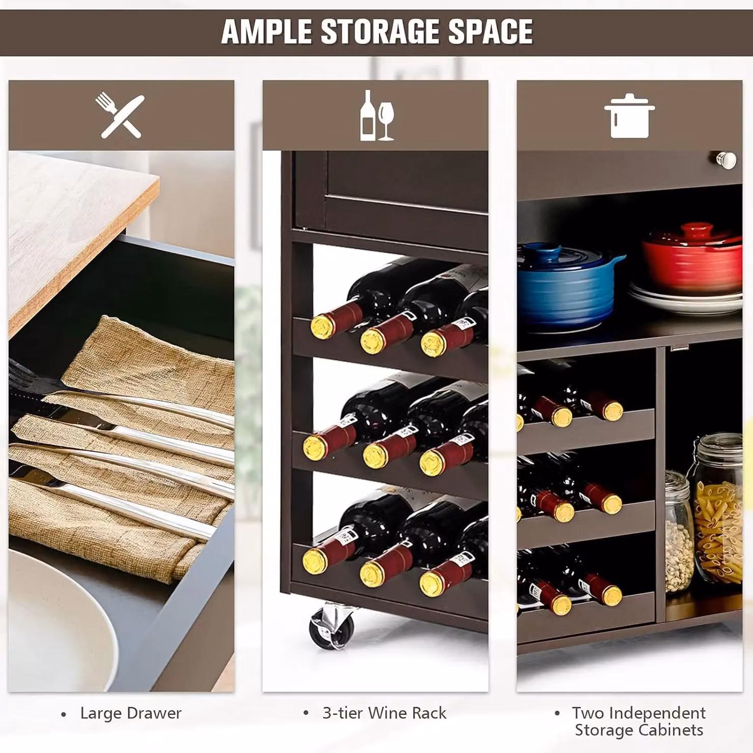 Costway Rolling Kitchen Storage Trolley with 3 Tier Wine Rack and Cupboard Cabinet in Brown – 2