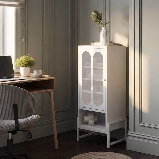 Wyld and Coco White Steel Sideboard with One Oval Perforated Door and Open Shelf – 1