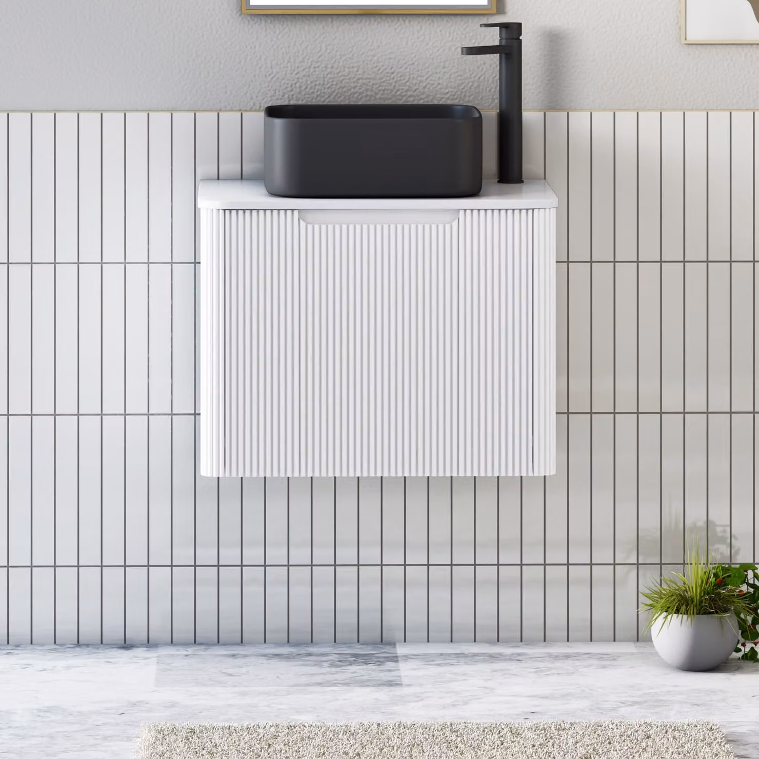Royal Bathrooms Avenza Matt White Wall Hung Vanity Unit with 1 Drawer and Art Square Basin, Width: 60 cm