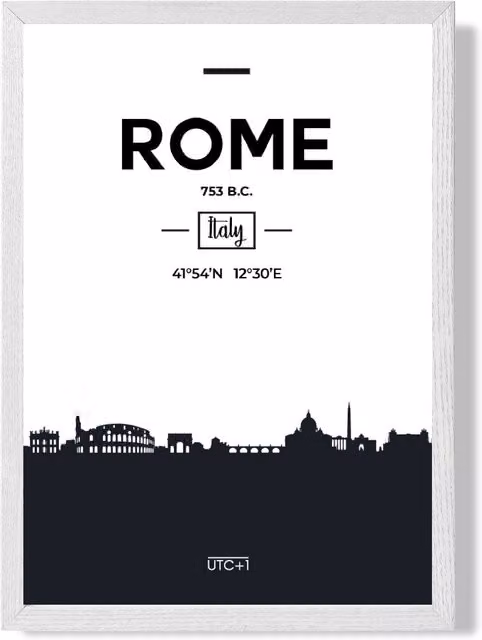 ARTZE Rome Black and White City Skyline Framed Print in White Frame, A4